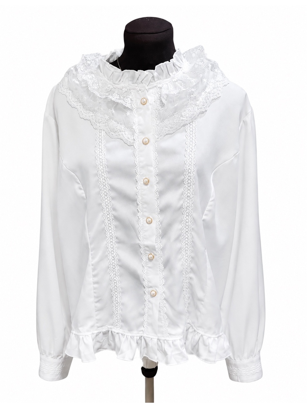 Women’s White Victorian Lace Blouse 3XL Ruffle Pearl Buttons Romantic